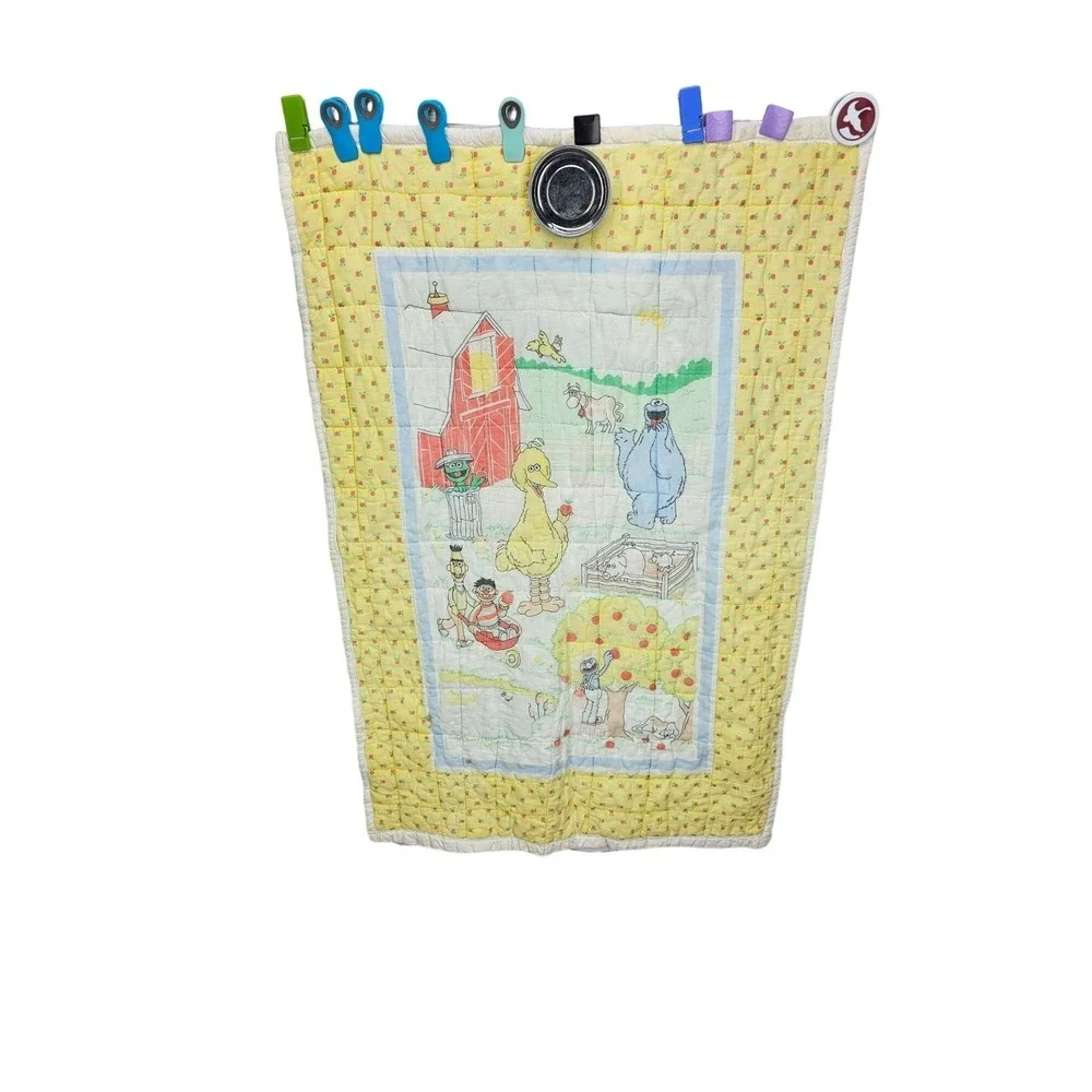 Vintage Sesame Street crib Quilt 42x32 Handmade Farm Theme Yellow Floral edging,